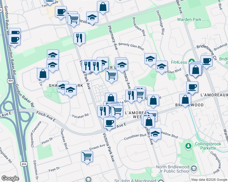 map of restaurants, bars, coffee shops, grocery stores, and more near in Toronto