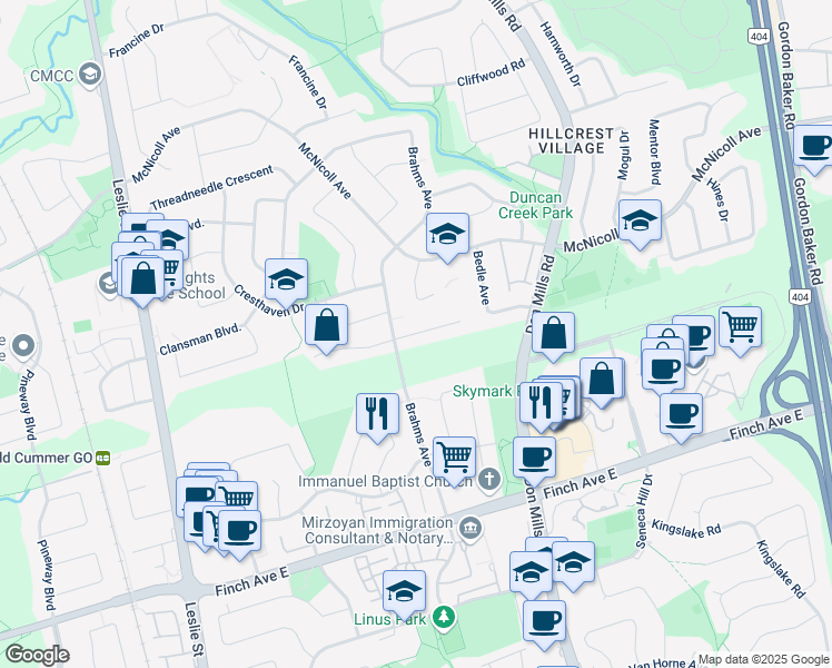 map of restaurants, bars, coffee shops, grocery stores, and more near Artisan Place in Toronto