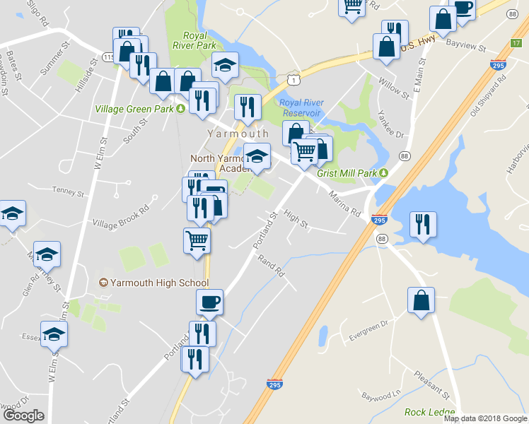map of restaurants, bars, coffee shops, grocery stores, and more near 67 Portland Street in Yarmouth