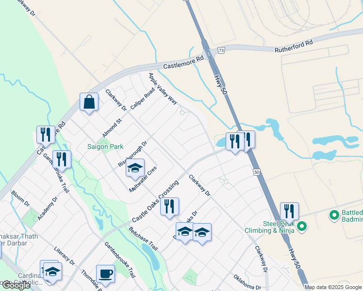 map of restaurants, bars, coffee shops, grocery stores, and more near Micarta Avenue in Brampton