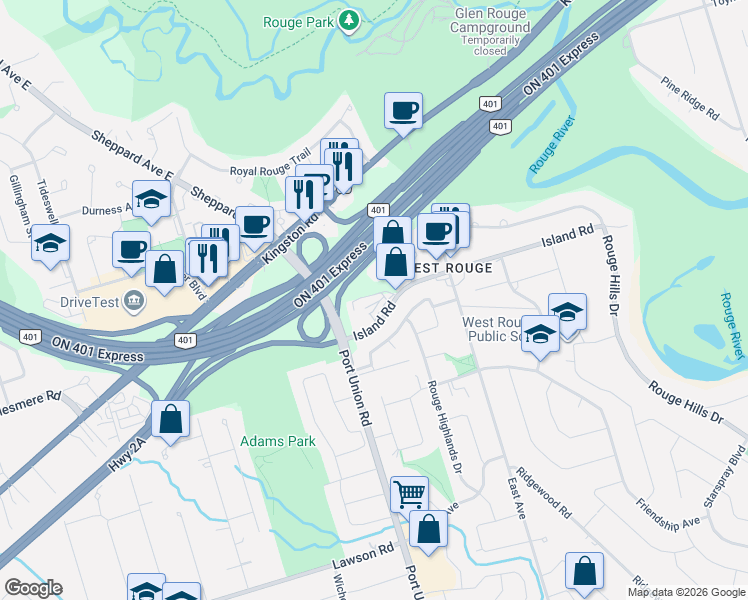 map of restaurants, bars, coffee shops, grocery stores, and more near 29 Island Road in Toronto