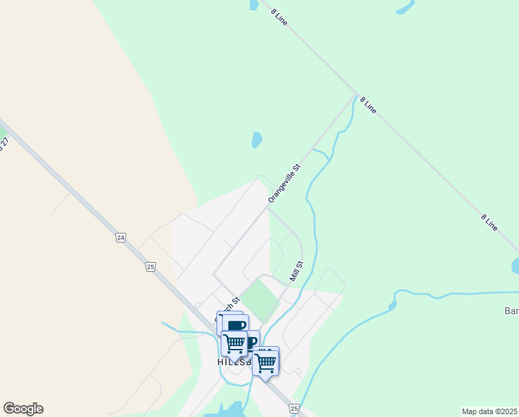 map of restaurants, bars, coffee shops, grocery stores, and more near 30 Orangeville Street in Erin