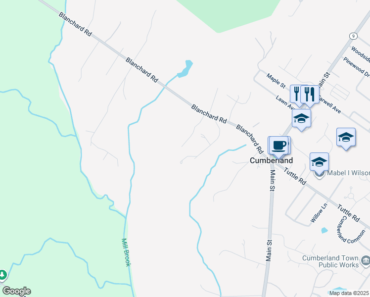 map of restaurants, bars, coffee shops, grocery stores, and more near 38 Blanchard Road in Cumberland