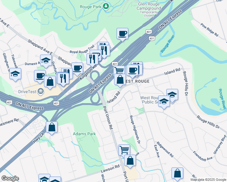 map of restaurants, bars, coffee shops, grocery stores, and more near in Toronto