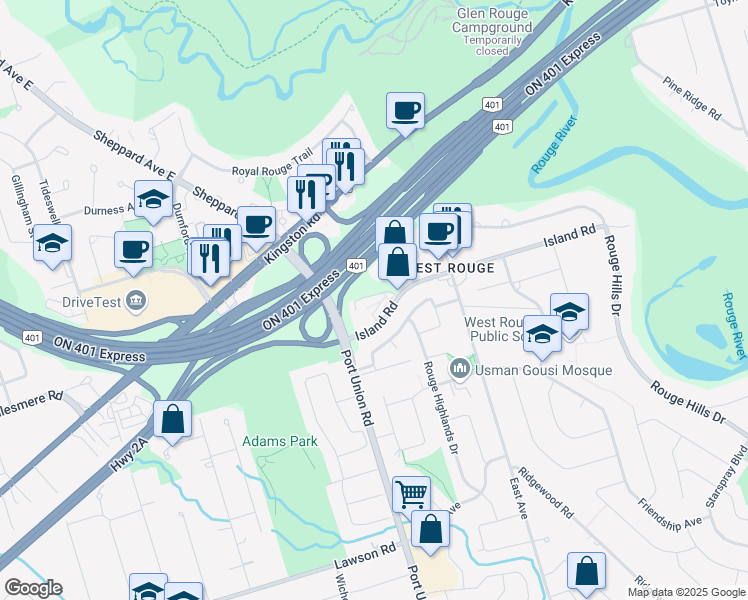 map of restaurants, bars, coffee shops, grocery stores, and more near in Toronto