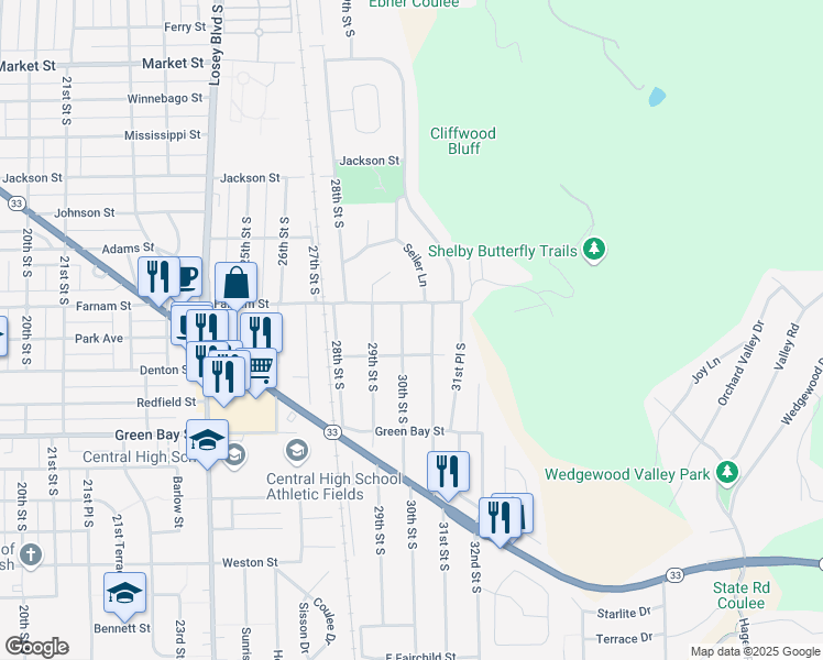 map of restaurants, bars, coffee shops, grocery stores, and more near 1409 30th Street South in La Crosse
