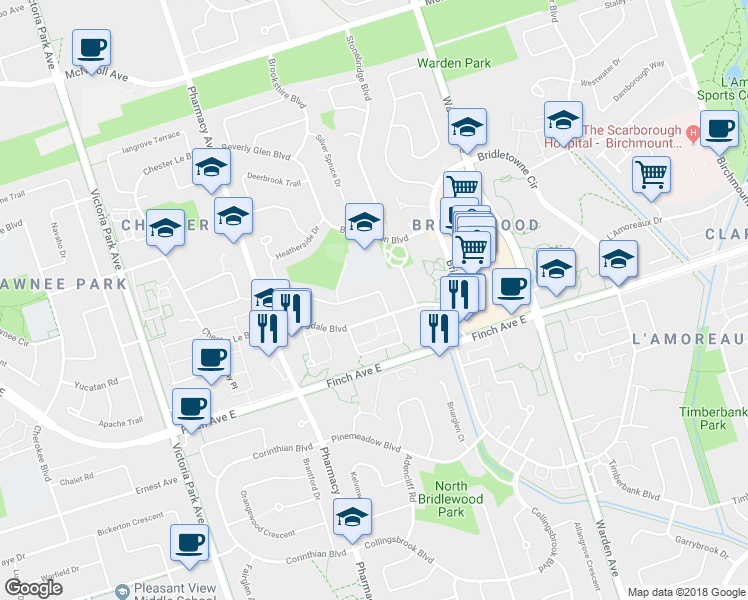 map of restaurants, bars, coffee shops, grocery stores, and more near 30 Heatherside Drive in Toronto