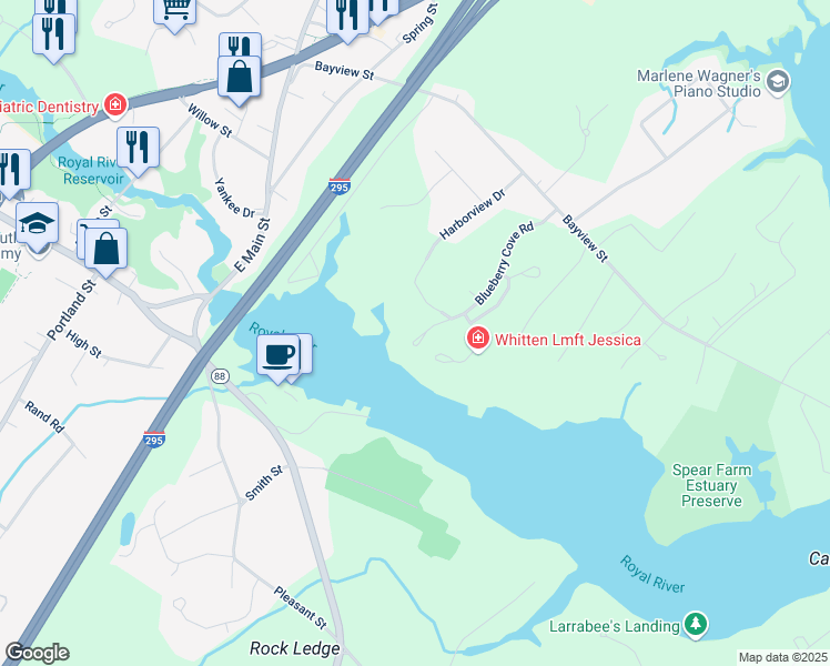 map of restaurants, bars, coffee shops, grocery stores, and more near 53 Blueberry Cove in Yarmouth