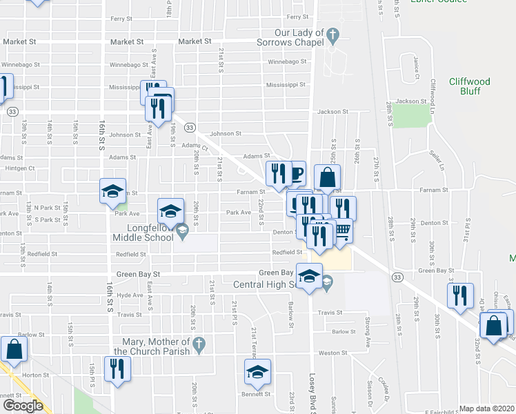 map of restaurants, bars, coffee shops, grocery stores, and more near 2161 Park Avenue in La Crosse