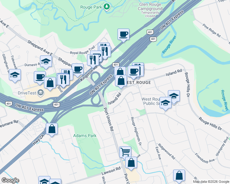 map of restaurants, bars, coffee shops, grocery stores, and more near 27 Island Road in Toronto