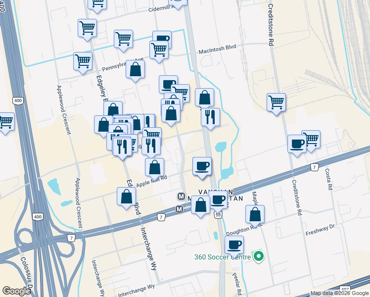 map of restaurants, bars, coffee shops, grocery stores, and more near 185 Millway Avenue in Vaughan