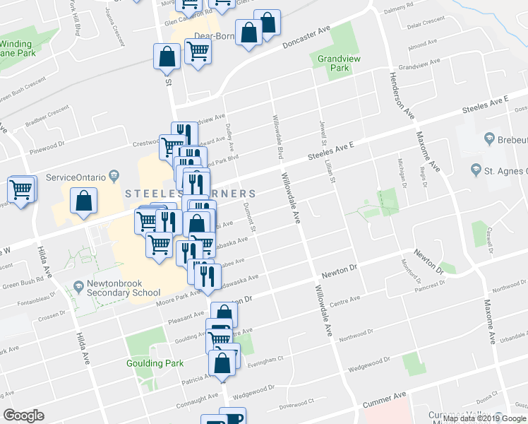 map of restaurants, bars, coffee shops, grocery stores, and more near 58 Abitibi Avenue in Toronto