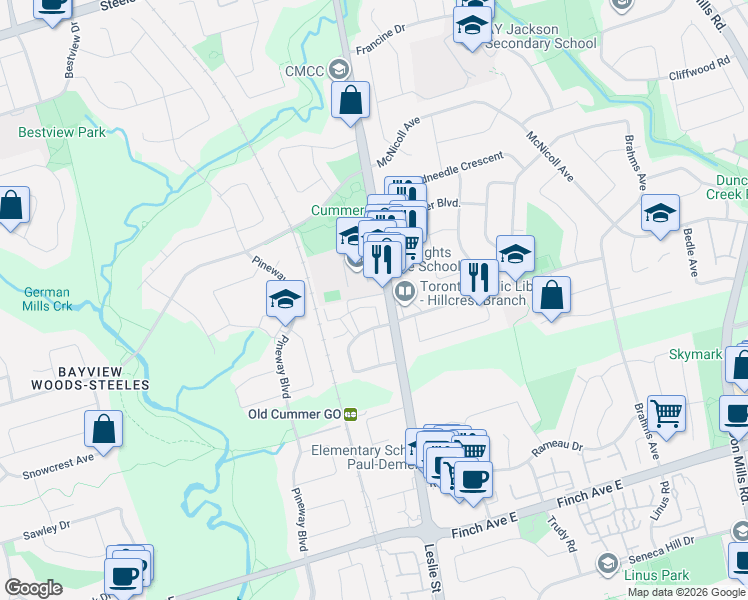 map of restaurants, bars, coffee shops, grocery stores, and more near 90 Castlebury Crescent in Toronto