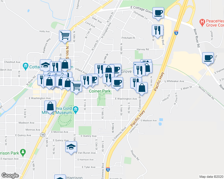 map of restaurants, bars, coffee shops, grocery stores, and more near East Main Street in Cottage Grove