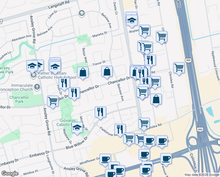map of restaurants, bars, coffee shops, grocery stores, and more near 64 Bella Vista Court in Vaughan