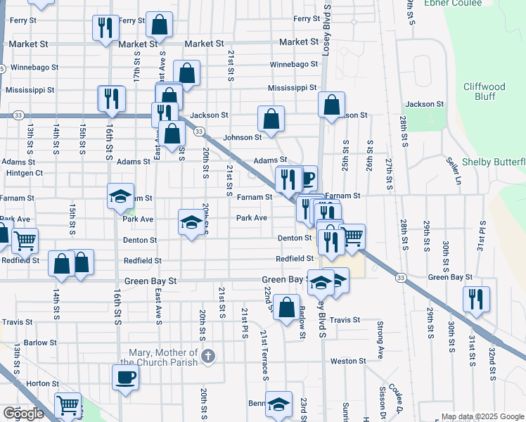 map of restaurants, bars, coffee shops, grocery stores, and more near 2133 Park Avenue in La Crosse