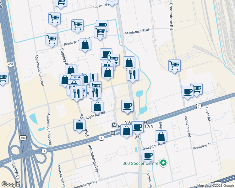 map of restaurants, bars, coffee shops, grocery stores, and more near 185 Millway Avenue in Vaughan