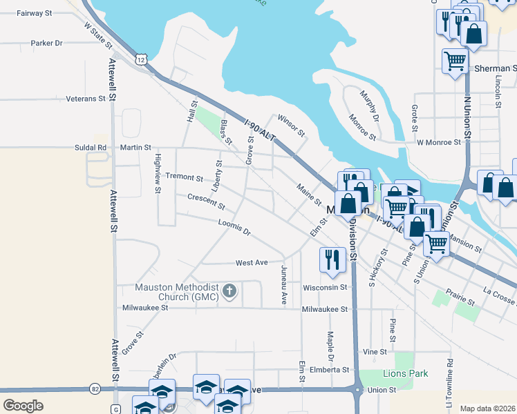 map of restaurants, bars, coffee shops, grocery stores, and more near 510 Tremont Street in Mauston