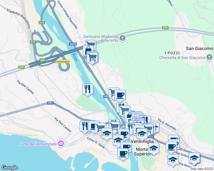 map of restaurants, bars, coffee shops, grocery stores, and more near 62 Via Tenda in Ventimiglia