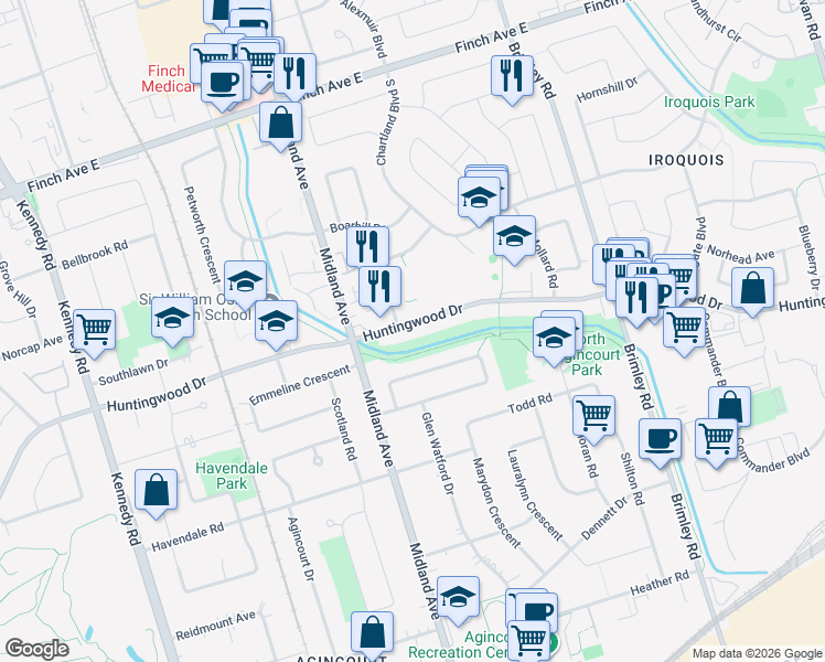 map of restaurants, bars, coffee shops, grocery stores, and more near 1155 Huntingwood Drive in Toronto