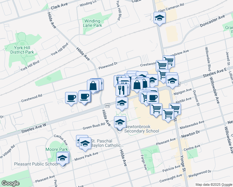 map of restaurants, bars, coffee shops, grocery stores, and more near 212 Steeles Avenue West in Vaughan