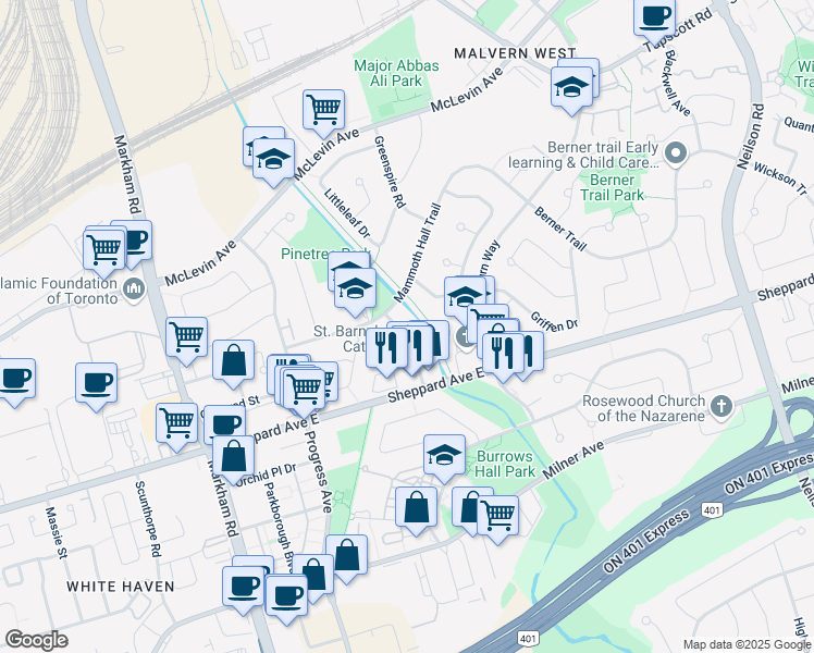 map of restaurants, bars, coffee shops, grocery stores, and more near 47 Gateforth Drive in Toronto