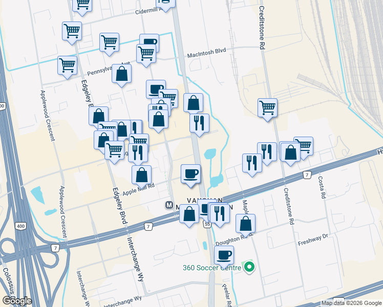 map of restaurants, bars, coffee shops, grocery stores, and more near 20 Bent Tree Drive in Vaughan