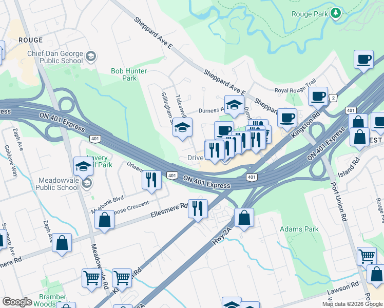 map of restaurants, bars, coffee shops, grocery stores, and more near in Toronto
