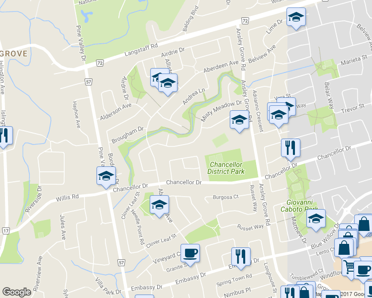 map of restaurants, bars, coffee shops, grocery stores, and more near 79 Venetian Crescent in Vaughan