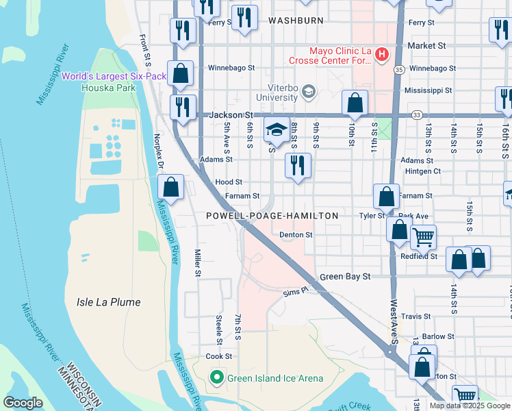 map of restaurants, bars, coffee shops, grocery stores, and more near 618 Tyler Street in La Crosse