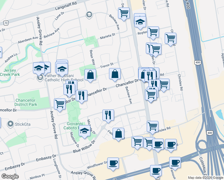 map of restaurants, bars, coffee shops, grocery stores, and more near 119 Chancellor Drive in Vaughan