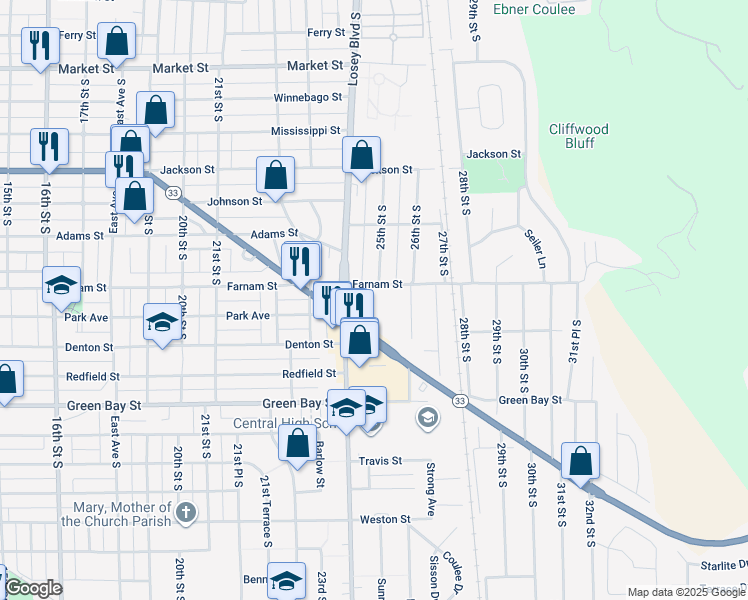 map of restaurants, bars, coffee shops, grocery stores, and more near 2415 State Road in La Crosse
