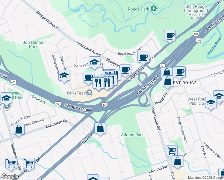 map of restaurants, bars, coffee shops, grocery stores, and more near 6714 Kingston Road in Toronto