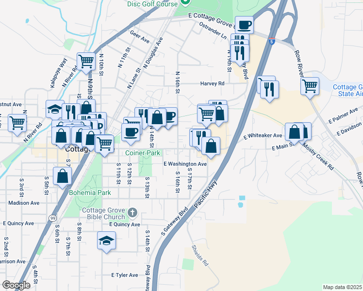 map of restaurants, bars, coffee shops, grocery stores, and more near 1631 East Main Street in Cottage Grove