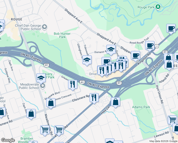 map of restaurants, bars, coffee shops, grocery stores, and more near 32 Tideswell Boulevard in Toronto