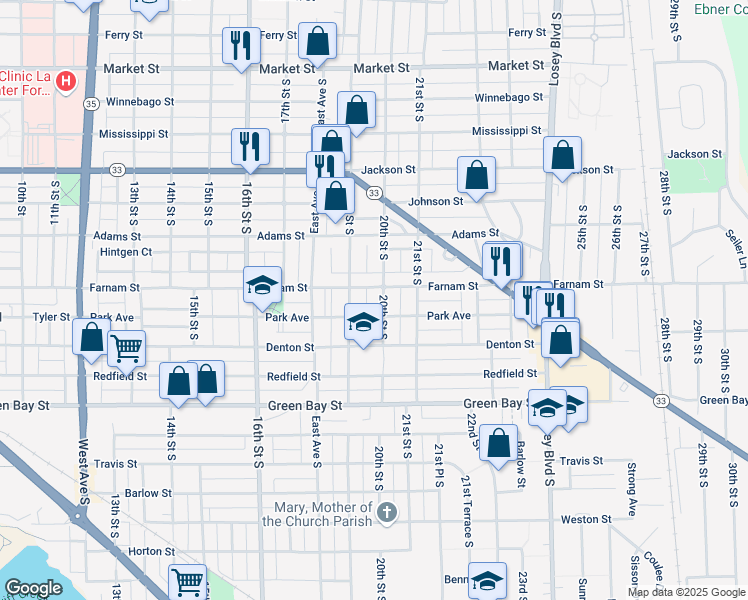 map of restaurants, bars, coffee shops, grocery stores, and more near 1324 20th Street South in La Crosse