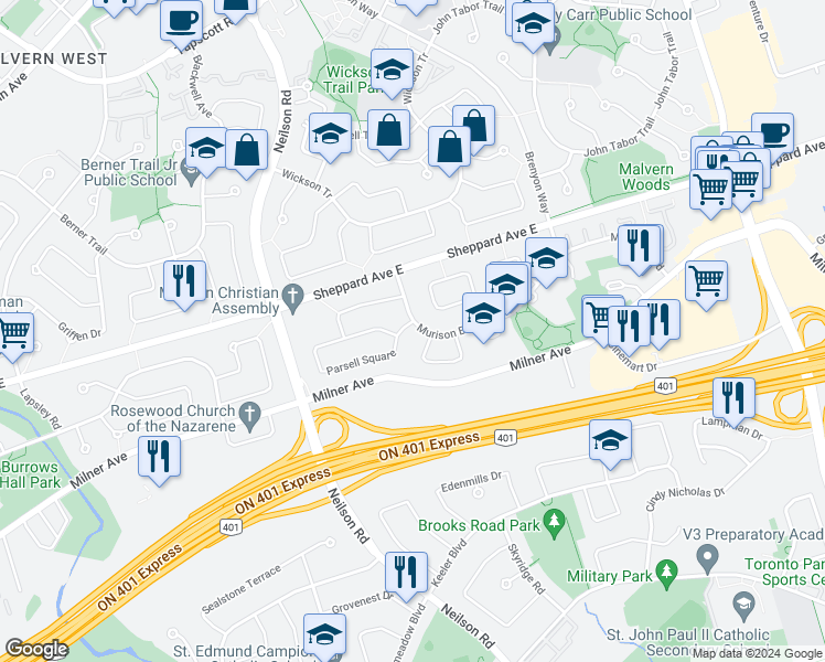 map of restaurants, bars, coffee shops, grocery stores, and more near 3 Parsell Square in Toronto