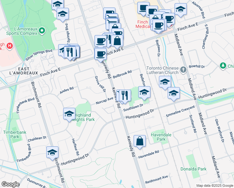 map of restaurants, bars, coffee shops, grocery stores, and more near in Toronto