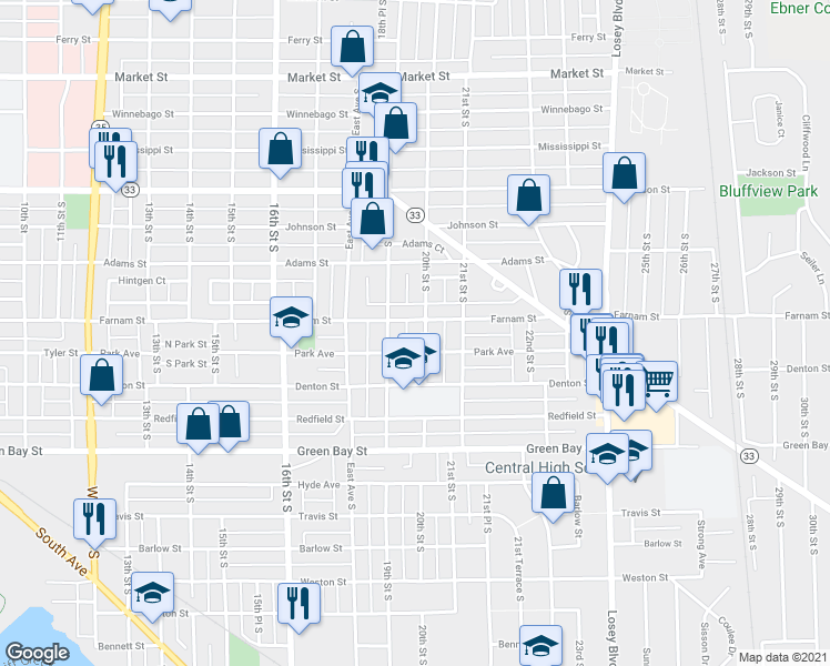 map of restaurants, bars, coffee shops, grocery stores, and more near 1324 20th Street South in La Crosse