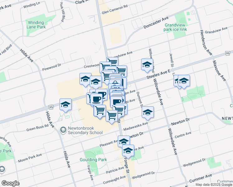 map of restaurants, bars, coffee shops, grocery stores, and more near 6373 Yonge Street in Toronto