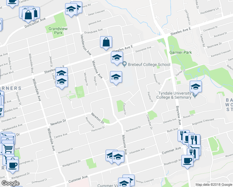 map of restaurants, bars, coffee shops, grocery stores, and more near 50 Lloydminster Crescent in Toronto