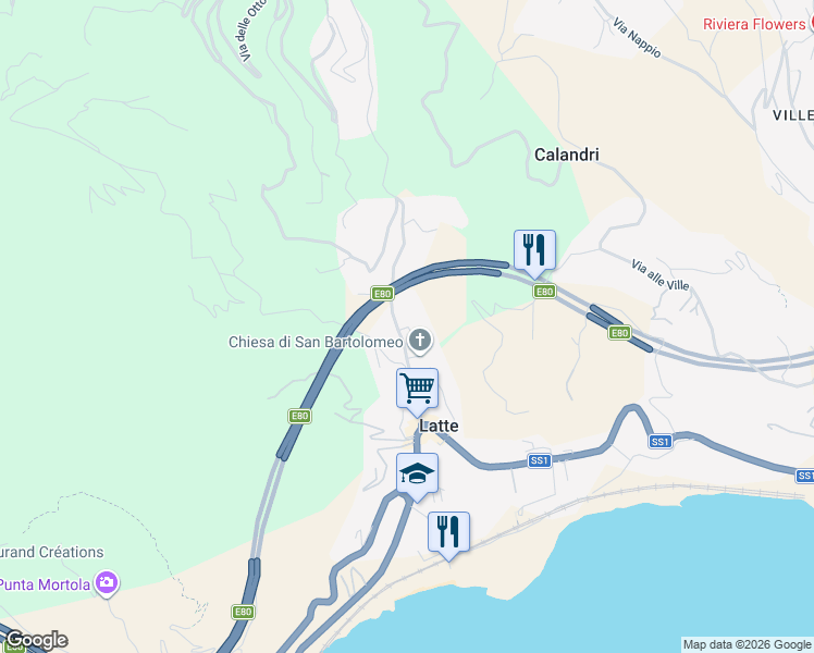 map of restaurants, bars, coffee shops, grocery stores, and more near 1 Via Anacleto Hughes in Latte