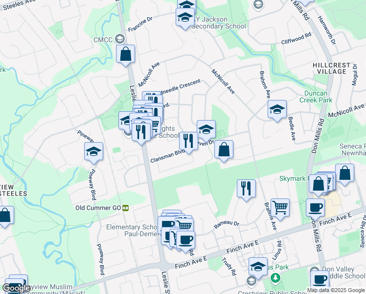 map of restaurants, bars, coffee shops, grocery stores, and more near 36 Clansman Boulevard in Toronto