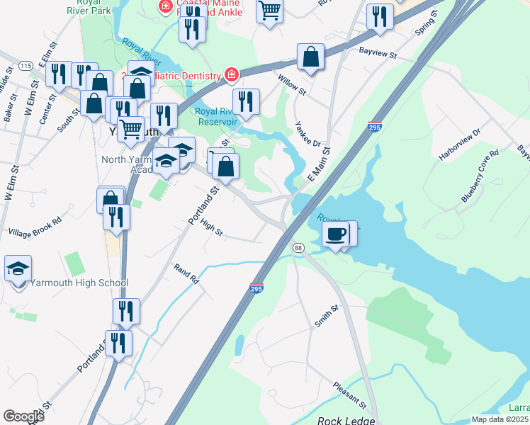 map of restaurants, bars, coffee shops, grocery stores, and more near 36 Marina Road in Yarmouth