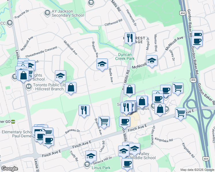 map of restaurants, bars, coffee shops, grocery stores, and more near 37 Artisan Place in Toronto