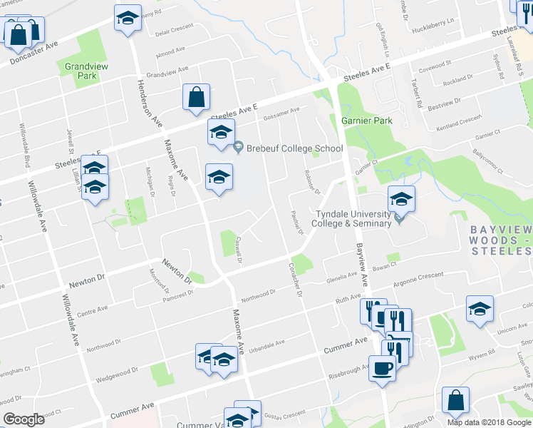 map of restaurants, bars, coffee shops, grocery stores, and more near 35 Caswell Drive in Toronto
