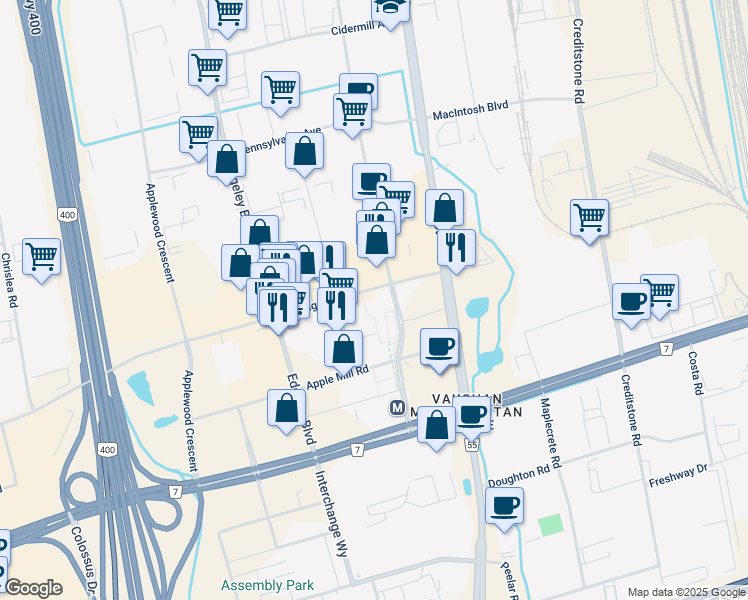 map of restaurants, bars, coffee shops, grocery stores, and more near 950 Portage Parkway in Vaughan