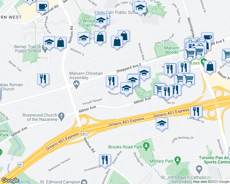 map of restaurants, bars, coffee shops, grocery stores, and more near 40 Murison Boulevard in Toronto
