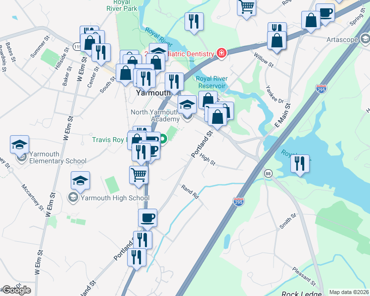 map of restaurants, bars, coffee shops, grocery stores, and more near 67 Portland Street in Yarmouth