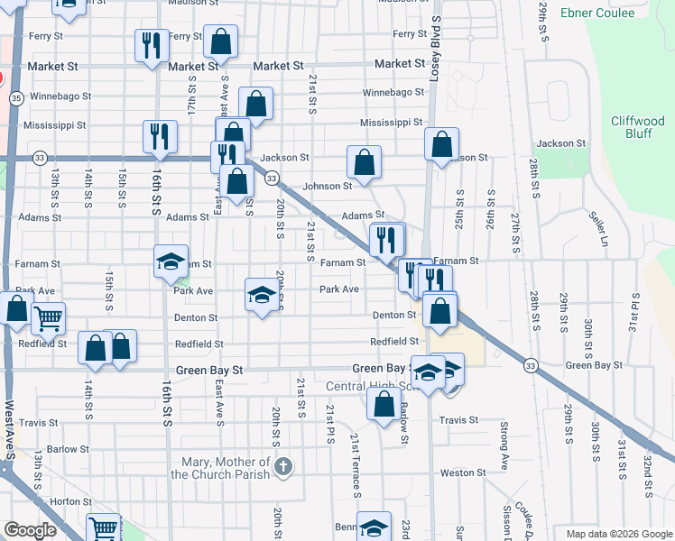 map of restaurants, bars, coffee shops, grocery stores, and more near 2133 Park Avenue in La Crosse